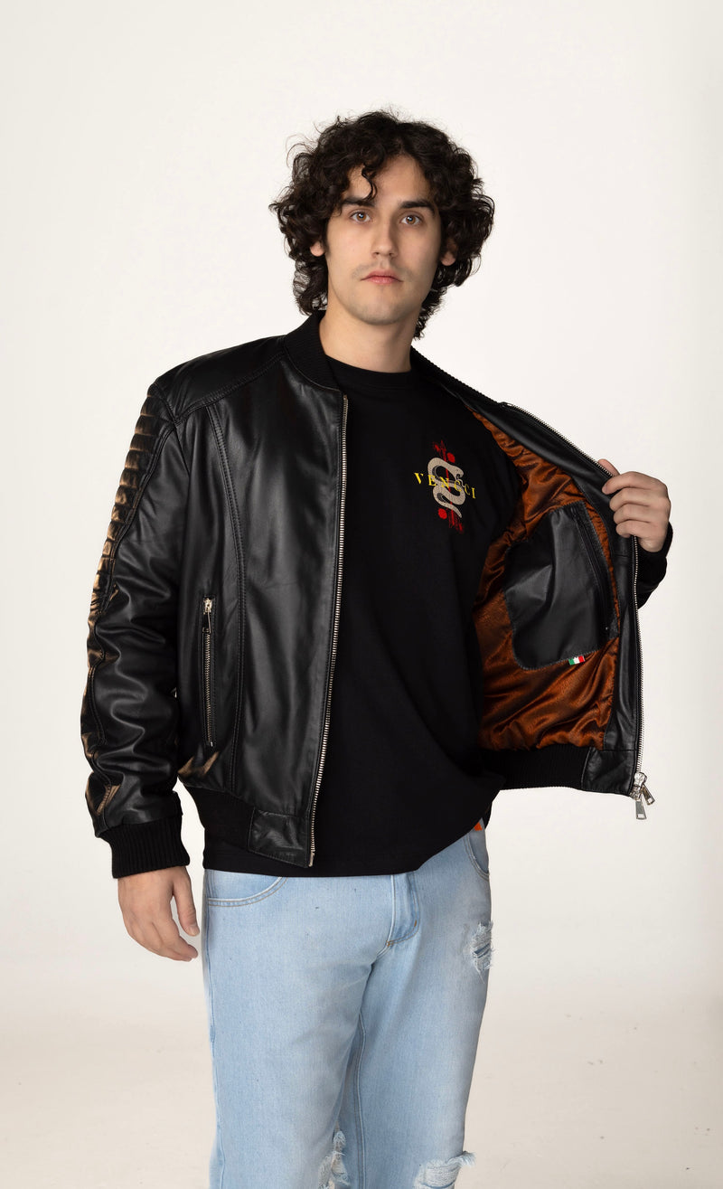 100% Lambskin Bomber Jacket with Dark Gold Jacquard Lining